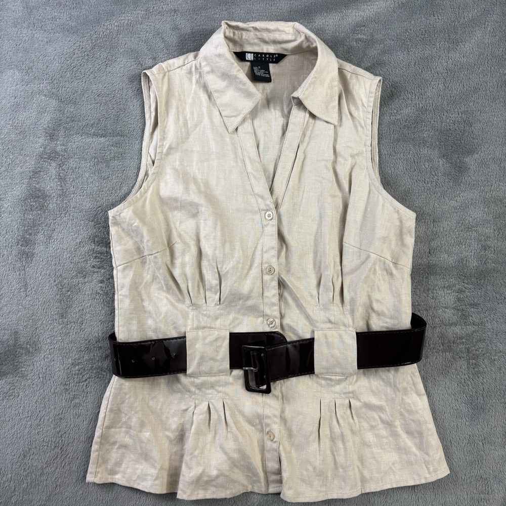 Carole Little Shirt Small Top 100% Linen Belted Pleated Button Sleeveless Boho